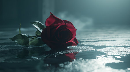 A single red rose resting on a smooth surface, petals slightly open, with soft lighting and copy space.の素材