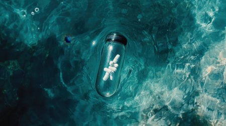 A single pill bottle submerged in crystal-clear water, its pills floating around in slow motion.の素材