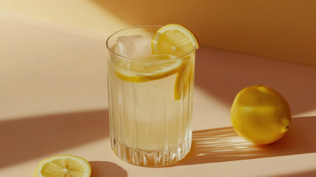 A refreshing glass of homemade lemonade with ice cubes and lemon slices, sweating in the summer heat.の素材