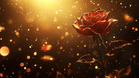 A romantic single rose with gentle petals, softly illuminated, and an open background for text.の素材