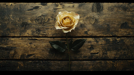 A single wilted rose on a wooden surface, creating a nostalgic mood with space for text.の素材