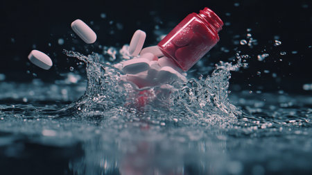 A slow-motion capture of a medicine bottle sinking, pills spilling out and catching the shimmering light.の素材