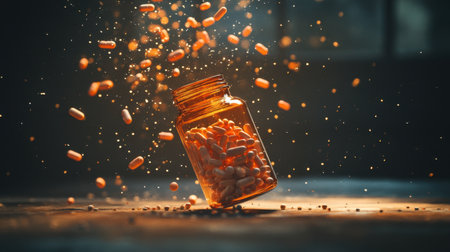 A slow-motion capture of a medicine bottle sinking, pills spilling out and catching the shimmering light.の素材