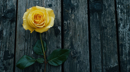 A single yellow rose lying on rustic wooden planks, surrounded by gentle light, leaving space for copy.の素材