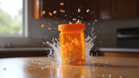 A slow-motion shot of a prescription bottle hitting the water, tablets dispersing in all directions.の素材