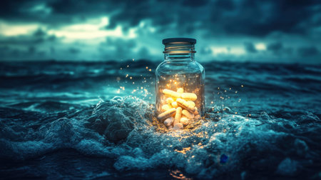 A surreal underwater moment where pills float around a glowing medicine bottle, bending light through the waves.の素材