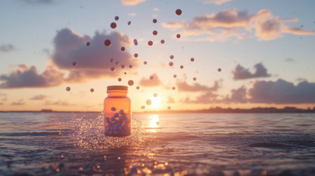 A sunbeam pierces the water, highlighting a drifting pill bottle and pills swirling like tiny planets in zero gravity.の素材
