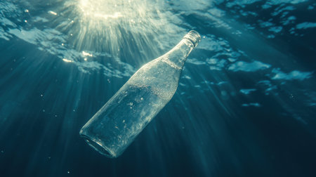 A surreal underwater moment where a translucent bottle falls deeper, its contents illuminated by refracted light.の素材
