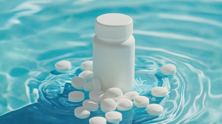 A slow-motion capture of a pill bottle hitting the waters surface, creating a ripple as pills sink below.の素材