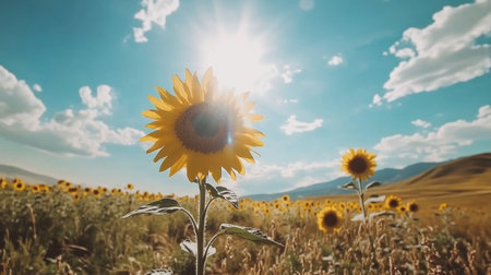 A sunflower field in full bloom, stretching endlessly under a bright blue sky with fluffy white clouds.の素材