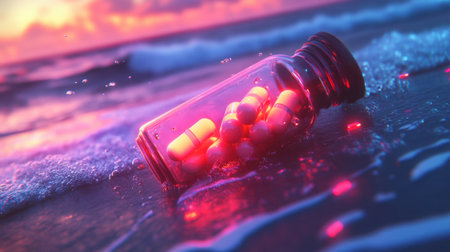 A surreal underwater moment where pills float around a glowing medicine bottle, bending light through the waves.の素材
