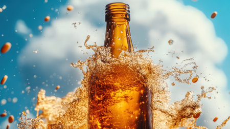 A macro view of dissolving pills in water, forming delicate clouds around a submerged bottle.の素材