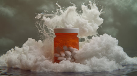 A prescription bottle tumbling in water, pills escaping in slow motion, creating a poetic and surreal composition.の素材