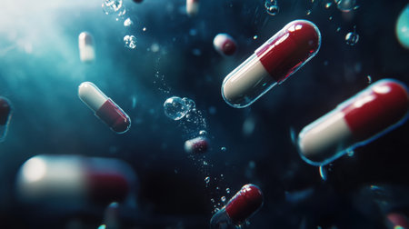 A pill bottle drifts downward in deep water, surrounded by slowly rising air bubbles and floating tablets.の素材