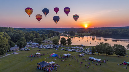 A sky full of hot air balloons rising over a beautiful summer landscape at sunrise.の素材