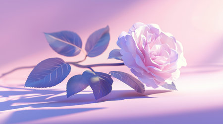 A single rose with vibrant petals, casting a soft shadow on a minimal background with copy space.の素材