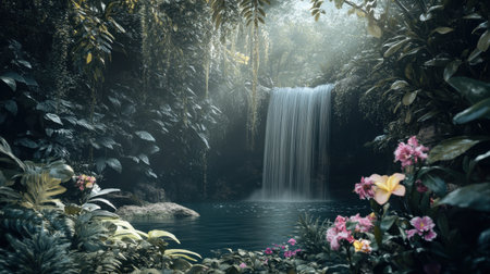 A tropical waterfall cascading into a hidden lagoon, surrounded by dense jungle and exotic flowers.の素材