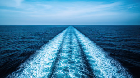 A yacht sailing in deep blue waters, leaving a foamy white trail under a cloudless summer sky.の素材