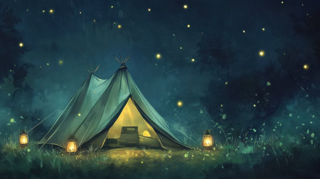 A tent pitched under a starry summer night, surrounded by fireflies and glowing lanterns.の素材