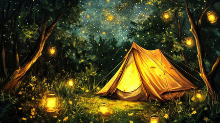 A tent pitched under a starry summer night, surrounded by fireflies and glowing lanterns.の素材