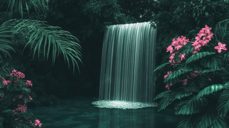 A tropical waterfall cascading into a hidden lagoon, surrounded by dense jungle and exotic flowers.の素材