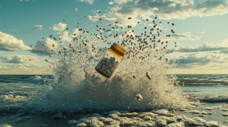 A wave crashes, submerging a floating pill bottle, with capsules dispersing in the churning water.の素材