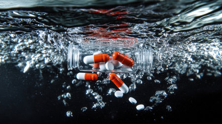 A wave crashes, submerging a floating pill bottle, with capsules dispersing in the churning water.の素材
