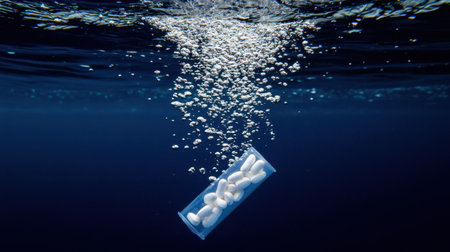 A translucent pill bottle sinks into deep blue water, tablets scattering as tiny bubbles rise around them.の素材