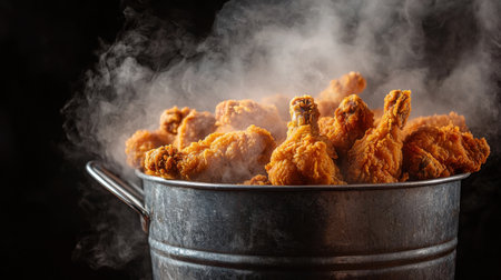 A bucket overflowing with crispy, golden fried chicken, steaming hot.の素材