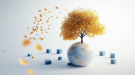 A concept of harmony: a globe with a single tree, golden leaves dancing around, and blue cubes scattered on a clean white background.の素材