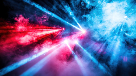 A dramatic concert light display with red and blue laser lights glowing through thick stage fog.の素材