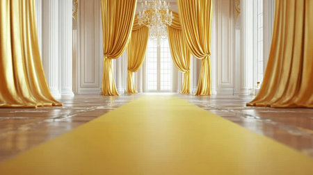 A flawless yellow carpet stretching toward a radiant stage, where golden drapes frame the elegant setting. Realistic, immersive, and highly detailed.の素材