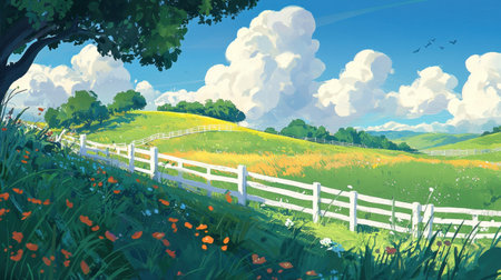 A fresh, grassy field meets a white fence under a strikingly blue sky, reflecting the beauty of open landscapes.の素材
