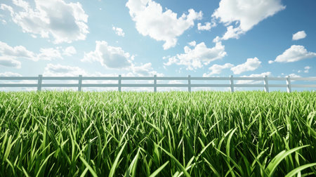 A field of velvety green grass stretching to a bright white fence, framed by a stunningly blue sky.の素材