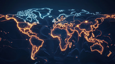 A futuristic world map glowing with submarine cable paths, connecting the planet through digital infrastructure.の素材