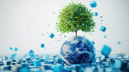 A floating Earth with a flourishing tree on top, surrounded by drifting leaves and small blue cubes, standing out against a white backdrop.の素材