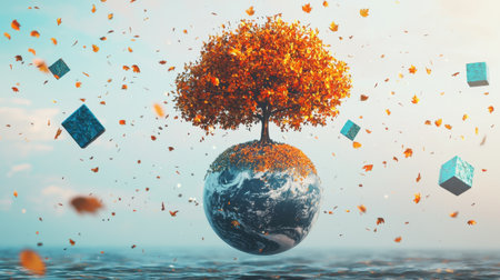 A floating Earth with a beautiful tree, falling golden leaves, and geometric blue cubes, all set on a seamless white backdrop.の素材