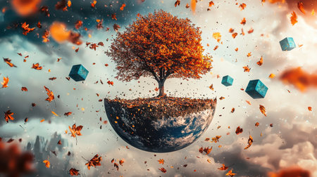 A floating Earth with a beautiful tree, falling golden leaves, and geometric blue cubes, all set on a seamless white backdrop.の素材
