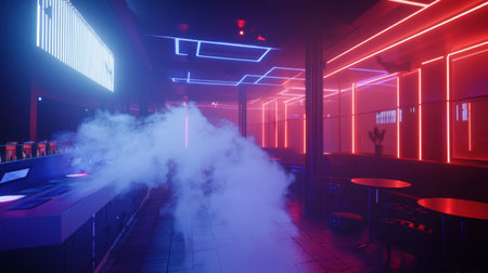 A futuristic club setting with pulsing red and blue lasers cutting through dense concert smoke.の素材