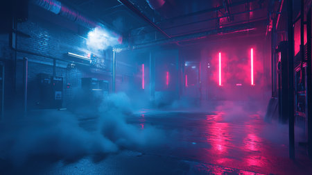 A futuristic club setting with pulsing red and blue lasers cutting through dense concert smoke.の素材