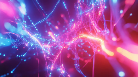 A futuristic digital network with bright, pulsating nodes and neon lines linking them, symbolizing big data and AI systemsの素材