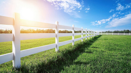A fresh green field meets a classic white wooden fence, glowing under the warm sun with a crisp blue sky aboveの素材