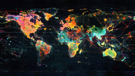 A global world map with colorful lines representing trade routes and digital connections, overlaid on a political map background, glowing effect.の素材