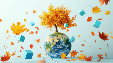 A high-quality 3D Earth with a tree sprouting from the top, surrounded by floating autumn leaves and scattered blue cubes on a plain white background.の素材
