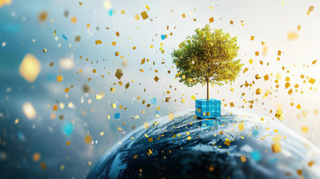 A green tree on top of a realistic Earth, symbolizing growth and sustainability, with blue cubes and golden leaves falling on a bright white background.の素材