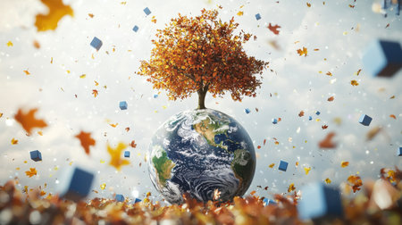 A high-quality 3D Earth with a tree sprouting from the top, surrounded by floating autumn leaves and scattered blue cubes on a plain white background.の素材