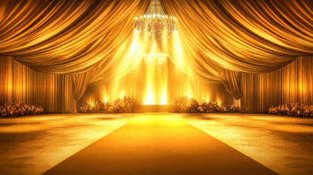 A golden-hued yellow carpet leading to an elegantly spotlighted stage, framed by luxurious drapes. A scene of timeless beautyの素材