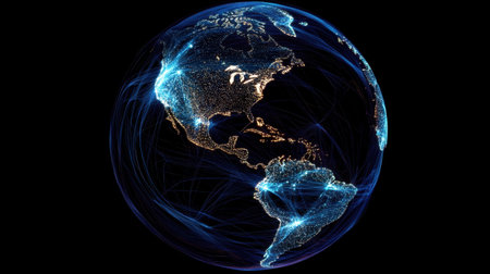 A glowing 3D globe with bright blue and white lines representing data flow, digital connections lighting up around the worldの素材