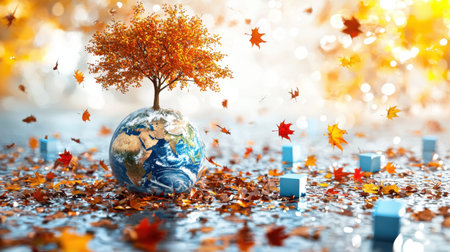A high-quality 3D Earth with a tree sprouting from the top, surrounded by floating autumn leaves and scattered blue cubes on a plain white background.の素材
