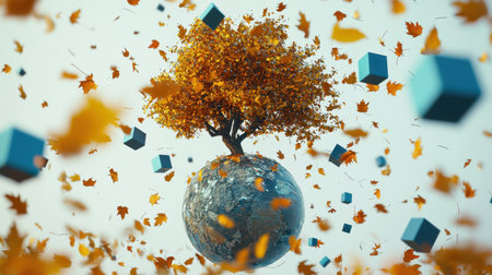A globe with a detailed tree sprouting from the top, golden autumn leaves drifting around, and blue cubes scattered on a white surface.の素材